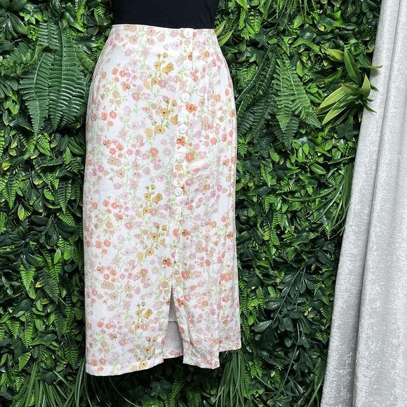 CHARLIE HOLIDAY Skirt Women 4 Cream Floral Print Midi Button‎ Accent 2488 - Picture 6 of 9
